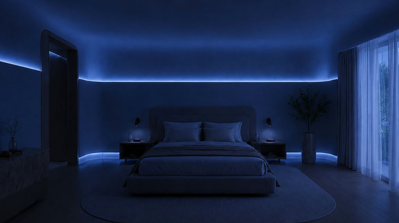 A guest suite held in deep midnight blue light