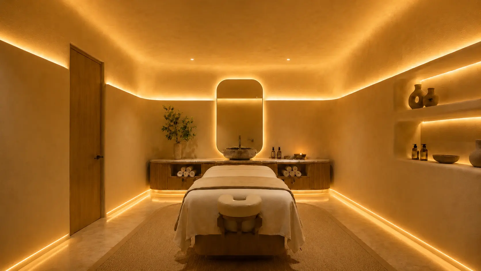 A treatment room transformed by warm amber architectural light