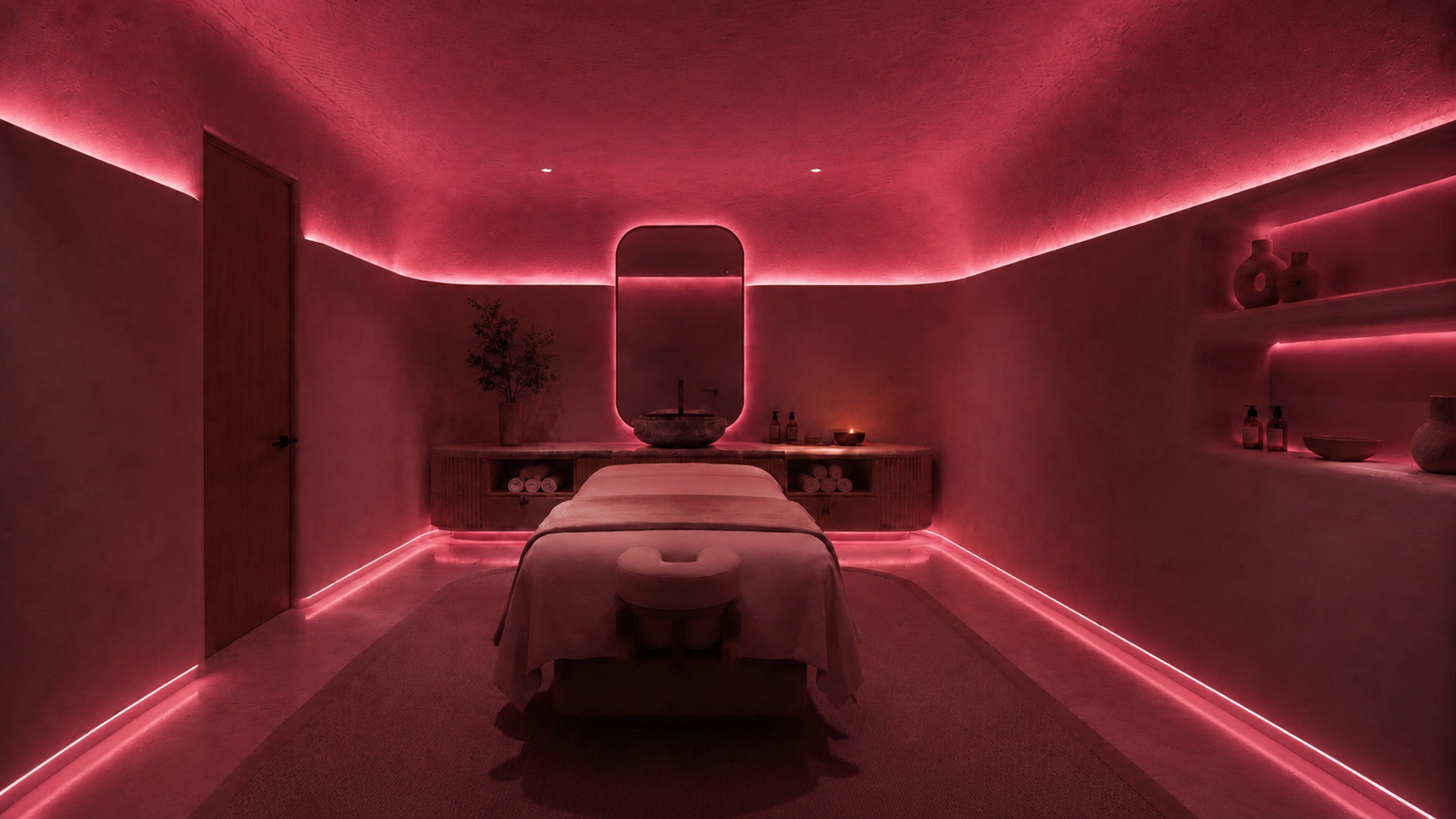 Parlour Burning Intrigue — a treatment room in deep saturated red